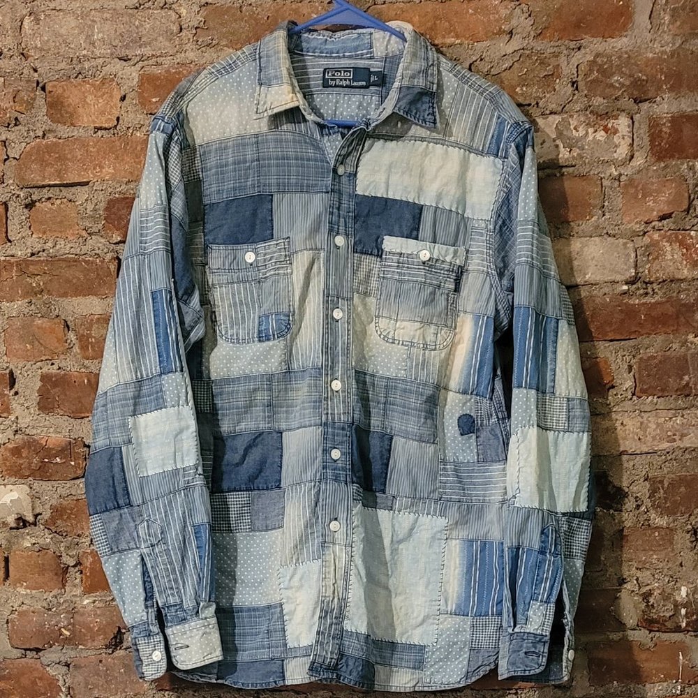 RALPH LAUREN POLO SPORTSMAN PATCHWORK DENIM GRANNIES QUILT STYLE SHIRT RRL LARGE